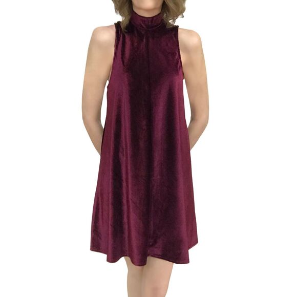 Storia Velvet Trapeze Dress Sz M Shiny Ribbed Wine Red Sleeveless Mock Neck - Picture 2 of 8